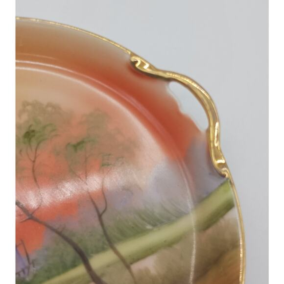VTG Noritake Handled Hand Painted Round Serving Plate Landscape Tree in Meadow - Picture 8 of 9